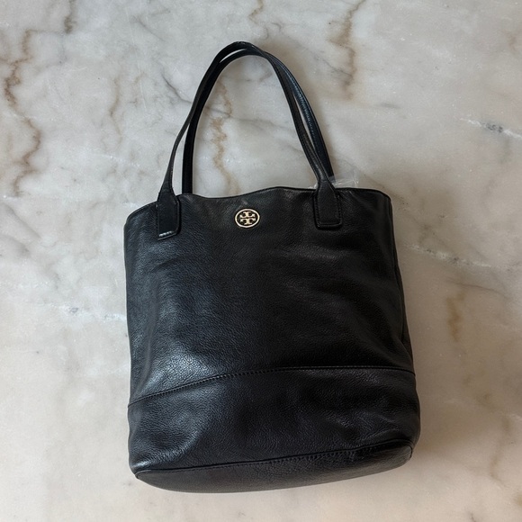 Tory Burch Michelle Leather Black Tote Bag Gold Logo - Picture 8 of 14